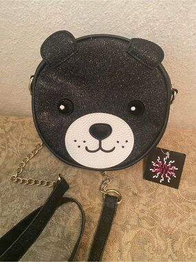 Olivia Miller Black Glitter Bear Crossbody Bag with White Snout NWT